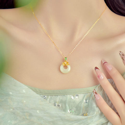 平安扣莲花项链925纯银镀18K金色森系，花卉和田玉吊坠复古锁骨链N001825Q 商品图0