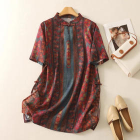 民族风复古棉麻印花茶服衬衫女夏季薄款立领盘扣改良开叉旗袍上衣