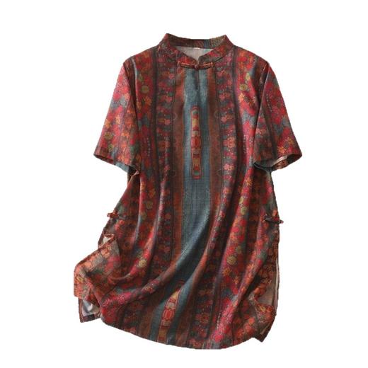 民族风复古棉麻印花茶服衬衫女夏季薄款立领盘扣改良开叉旗袍上衣 商品图4