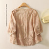 重工刺绣亚麻短袖衬衫女夏文艺复古宽松后背纽扣方领棉麻小衫上衣 商品缩略图1