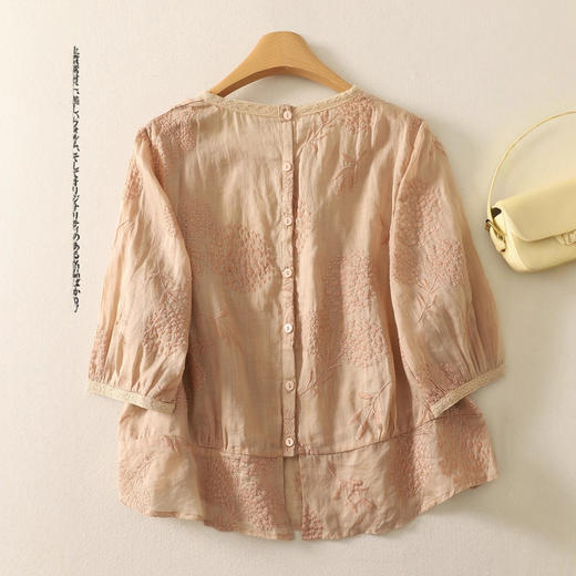 重工刺绣亚麻短袖衬衫女夏文艺复古宽松后背纽扣方领棉麻小衫上衣 商品图1