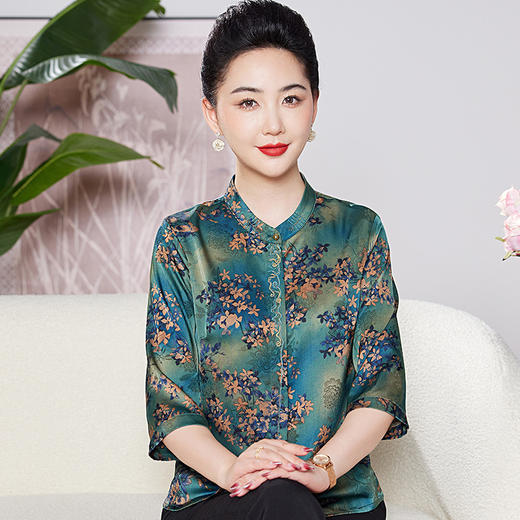 中老年人真丝上衣女洋气妈妈夏装时尚桑蚕丝衬衫喜婆婆婚宴 商品图0