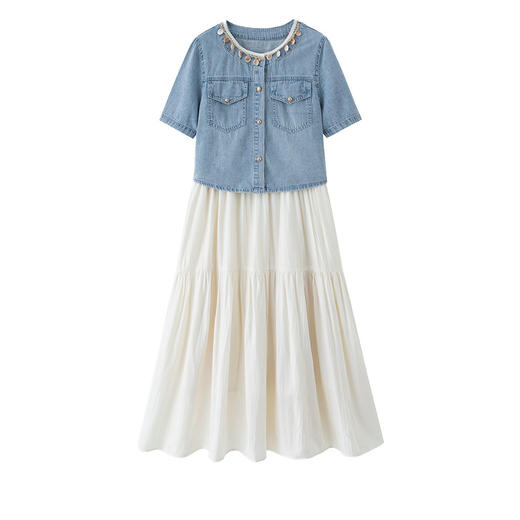 【预售3天】巨好看的高级感气质套装短款短袖牛仔外套木耳边吊带裙两件套 EBDU96 商品图4