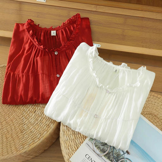 日系文艺纯色棉麻无袖衬衫女夏季减龄遮肚花边领小衫显瘦宽松上衣 商品图3