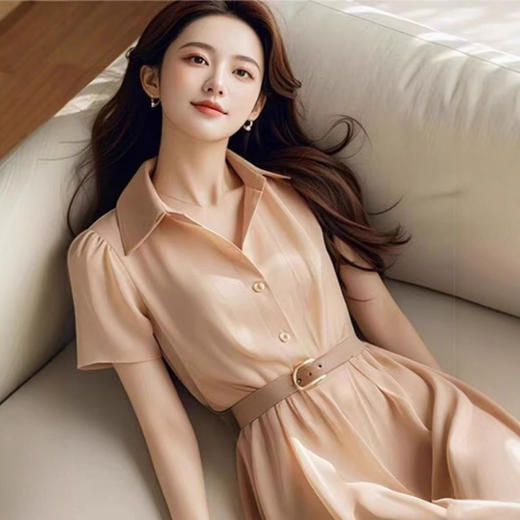 2025新款夏季今年流行的简单大方高级感紫色雪纺连衣裙子女装杏色 商品图2