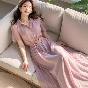 2025新款夏季今年流行的简单大方高级感紫色雪纺连衣裙子女装杏色