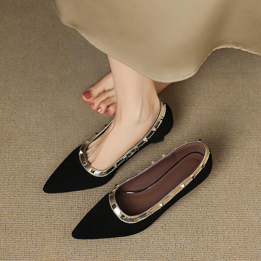【预售5天】法式尖头铆钉粗跟单鞋女新款羊反拼色气质浅口瓢鞋通勤高跟鞋JLY&18-739 商品图4