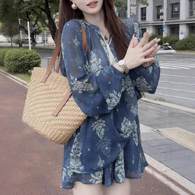 韩风chic一整套女士夏季V领抽绳系带防晒衬衫垂感休闲短裤两件套