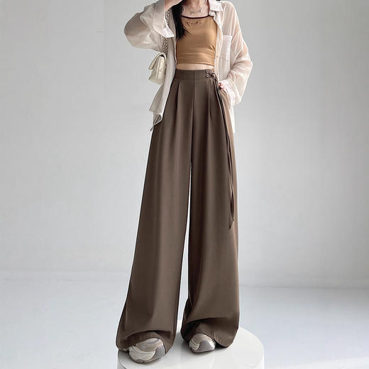 高腰绑带西装裤女春秋小个子高级感垂感直筒宽松休闲拖地阔腿裤子 商品图3