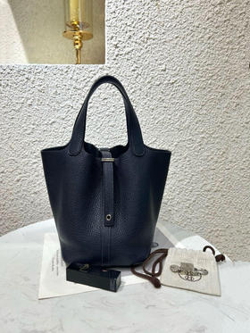 爱马仕 菜篮子18 Togo皮 午夜蓝拼色手柄 银扣 手提包