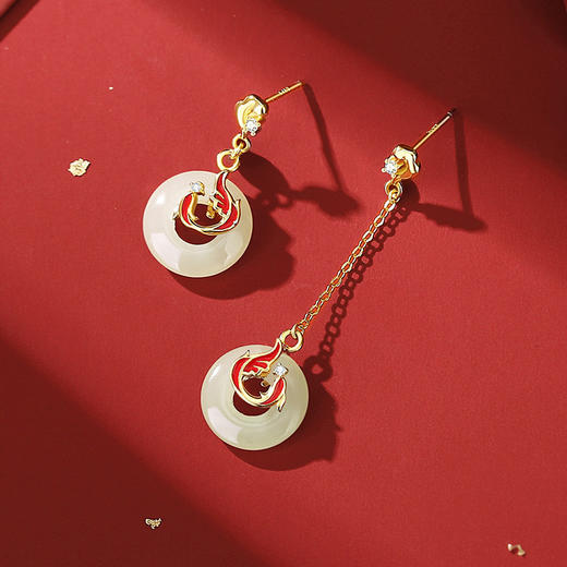 s925纯银平安有鱼耳钉，原创新中式流苏长款平安扣和田玉耳饰E000984X 商品图3