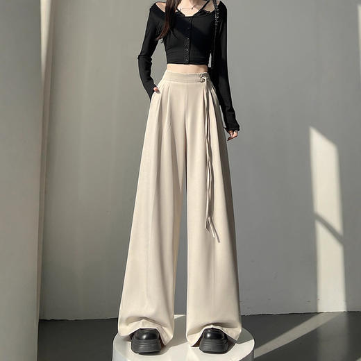 高腰绑带西装裤女春秋小个子高级感垂感直筒宽松休闲拖地阔腿裤子 商品图1