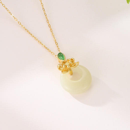 平安扣莲花项链925纯银镀18K金色森系，花卉和田玉吊坠复古锁骨链N001825Q 商品图3