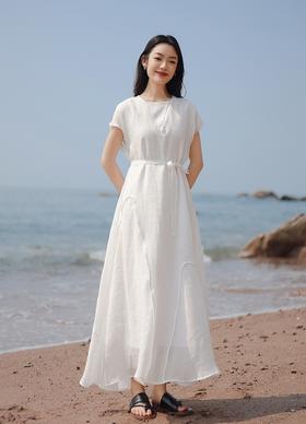 新款高级感波浪拼接收腰小A纯色长裙