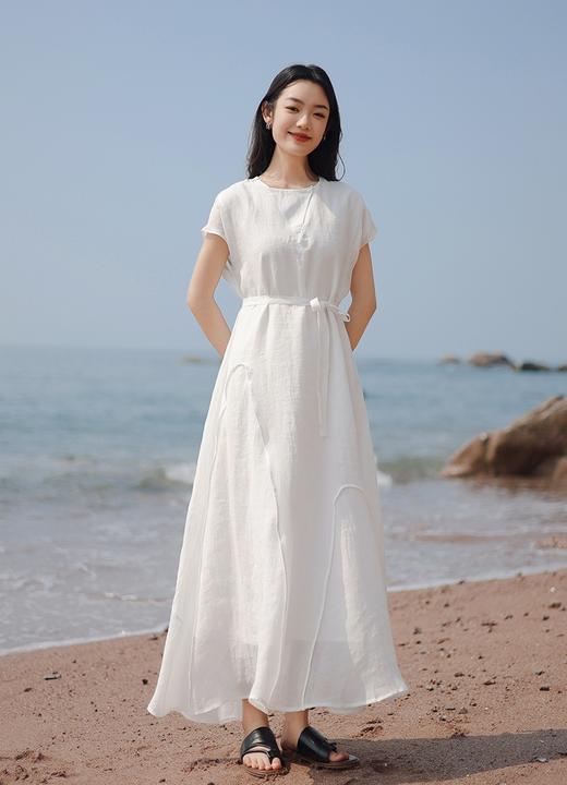 新款高级感波浪拼接收腰小A纯色长裙 商品图0