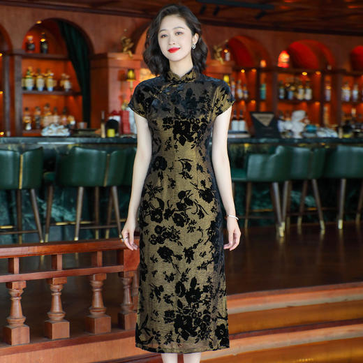 帝王绿优雅气质旗袍，新款丝绒烧花日常改良OYP24287 商品图1