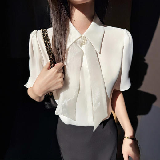 白色翻领雪纺衬衫女士装夏季2025新款法式上衣轻奢高级感短袖气质 商品图2