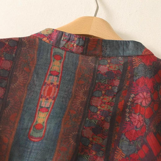 民族风复古棉麻印花茶服衬衫女夏季薄款立领盘扣改良开叉旗袍上衣 商品图3