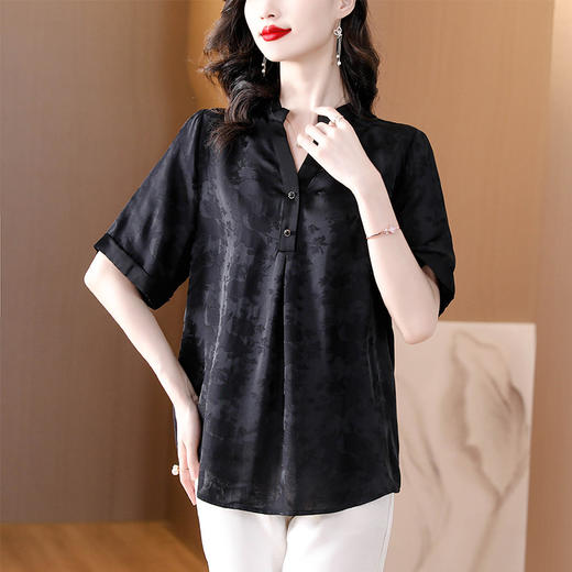 女短袖衬衫夏季新款妈妈小衫宽松遮肚子黑色上衣 商品图1