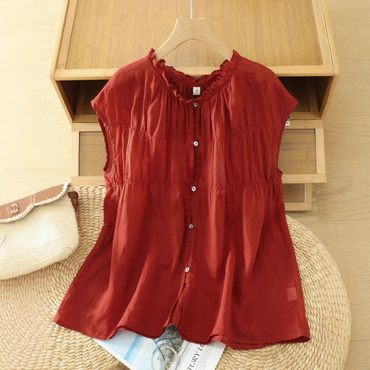 日系文艺纯色棉麻无袖衬衫女夏季减龄遮肚花边领小衫显瘦宽松上衣 商品图1