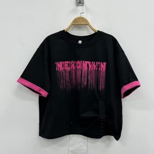 N圆领撞色袖子图案短袖T恤（黑）夏季152020050321 商品图1