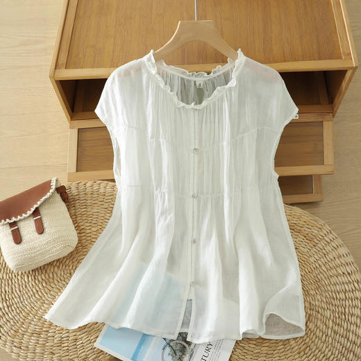 日系文艺纯色棉麻无袖衬衫女夏季减龄遮肚花边领小衫显瘦宽松上衣 商品图2