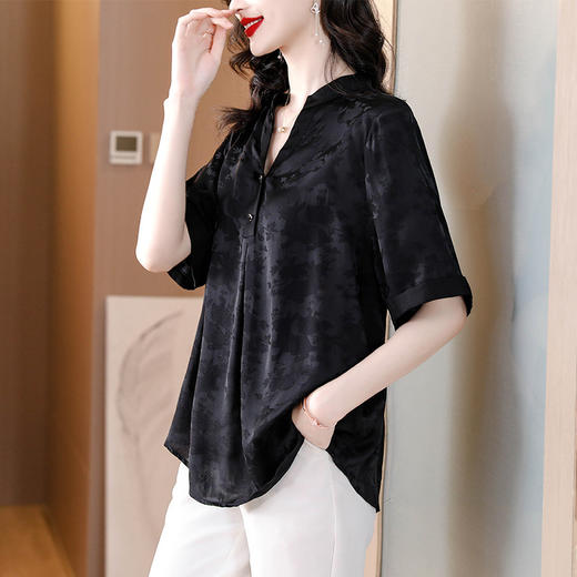 女短袖衬衫夏季新款妈妈小衫宽松遮肚子黑色上衣 商品图2