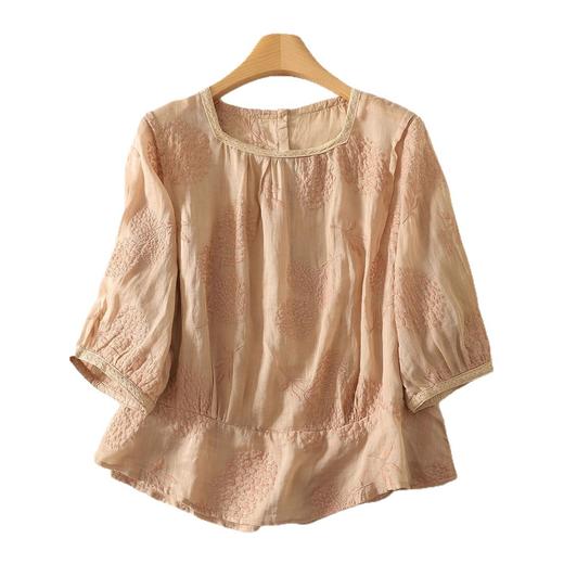 重工刺绣亚麻短袖衬衫女夏文艺复古宽松后背纽扣方领棉麻小衫上衣 商品图4