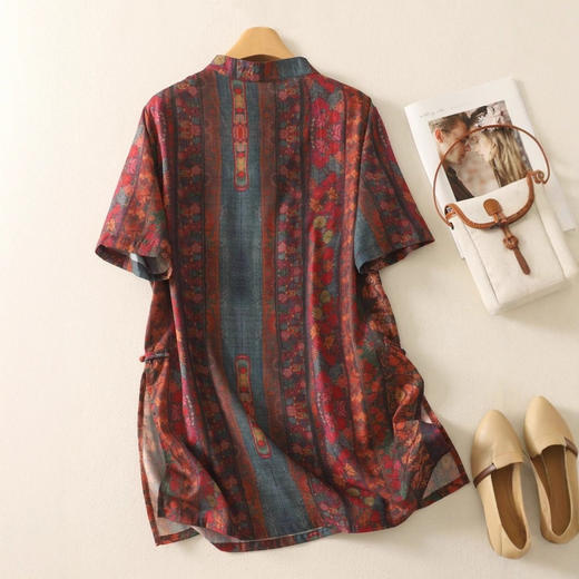 民族风复古棉麻印花茶服衬衫女夏季薄款立领盘扣改良开叉旗袍上衣 商品图1