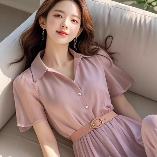 2025新款夏季今年流行的简单大方高级感紫色雪纺连衣裙子女装杏色 商品图3