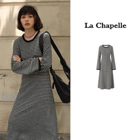 会员福利【时髦通勤】拉夏贝尔/La Chapelle圆领撞色条纹长袖连衣裙女优雅设计感气质收腰长款裙子