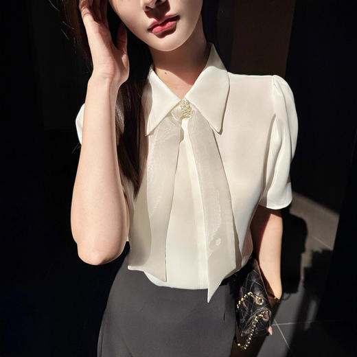 白色翻领雪纺衬衫女士装夏季2025新款法式上衣轻奢高级感短袖气质 商品图3