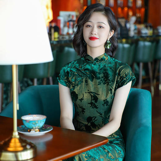 帝王绿优雅气质旗袍，新款丝绒烧花日常改良OYP24287 商品图2