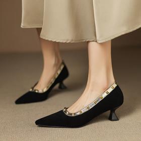 【预售5天】法式尖头铆钉粗跟单鞋女新款羊反拼色气质浅口瓢鞋通勤高跟鞋JLY&18-739