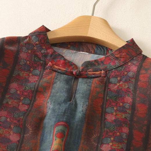 民族风复古棉麻印花茶服衬衫女夏季薄款立领盘扣改良开叉旗袍上衣 商品图2