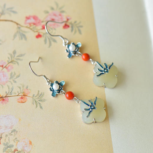 国风精工珐琅彩s925银，镶嵌和田玉四叶草珐琅耳坠QL99 商品图2