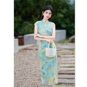 GX时尚改良年轻款植绒印花旗袍2025夏季新款新中式国风收腰显瘦旗袍