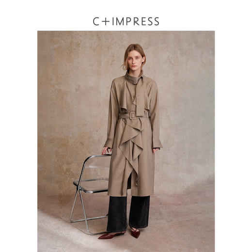 混色羊毛立领随性松弛感2穿飘带荷叶边荡领风衣FY2503058 商品图0