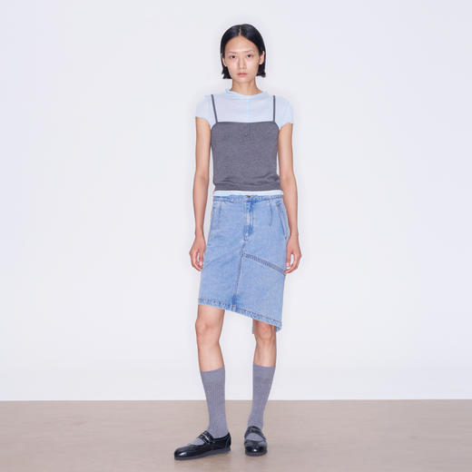 lost in echo2025秋冬新款独特不对称镂空开口修身牛仔铅笔包臀裙 商品图0