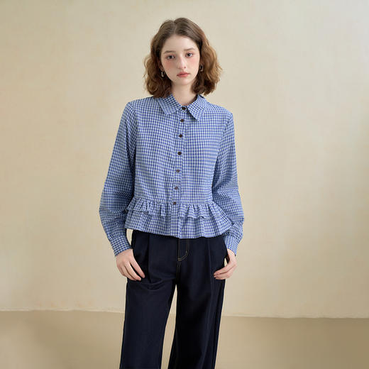 西遇miu系荷叶边蓝色格纹衬衫女秋季新款宽松百搭短款衬衣V2551156 商品图3