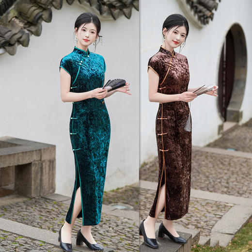 GX夏季新款修身显瘦高级感丝绒旗袍长款旗袍裙 商品图0