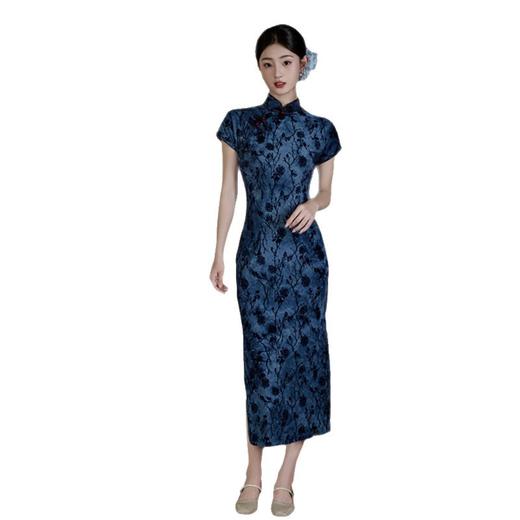 GX弹力植绒长款短袖旗袍2025夏季新款复古国风气质旗袍裙 商品图4