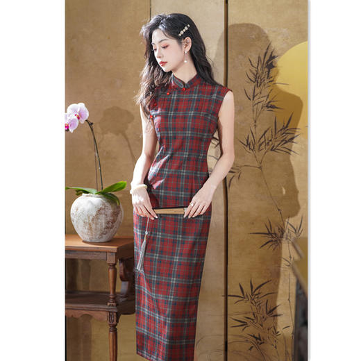 GX少女无袖格子旗袍复古新中式日常可穿修身改良立领文艺年轻学生裙 商品图0