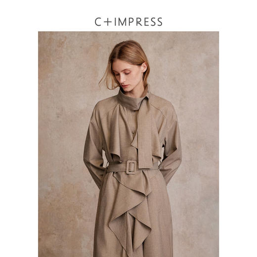 混色羊毛立领随性松弛感2穿飘带荷叶边荡领风衣FY2503058 商品图3