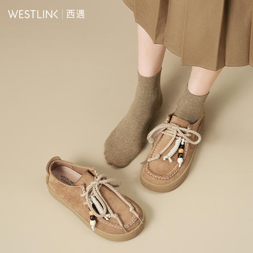 西遇厚底袋鼠鞋女新款秋季复古丑萌串珠系带乐福小皮鞋勃肯鞋K1656935 商品图2