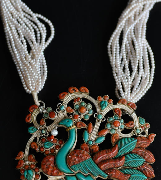 珍珠银鎏金面包珠老琉璃珊瑚绿松石纯银孔雀项链 商品图2