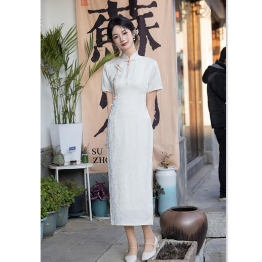 GX素雅中式提花缎长款双层旗袍2025夏季新款复古中国风年轻女士旗袍 商品图3