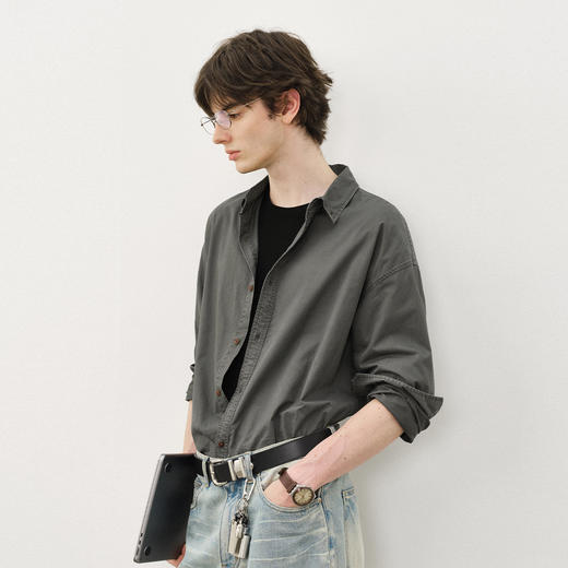 714street日系休闲水洗做旧长袖衬衫男2025春季新款宽松落肩外套 商品图0