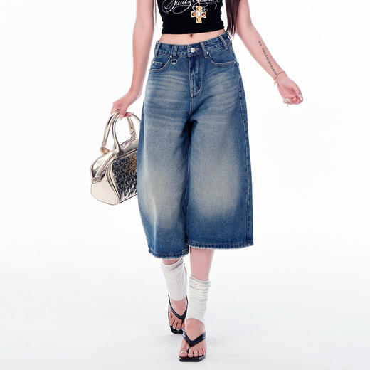 罗蒙女士七分牛仔裤夏季薄款水洗做旧高腰宽松显瘦阔腿短裤子 商品图1