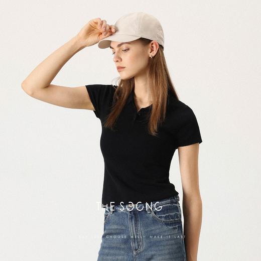 THESOONG 纯棉100%翻领polo衫上衣女短袖修身型套头亨利衫领HBMY7375 商品图2